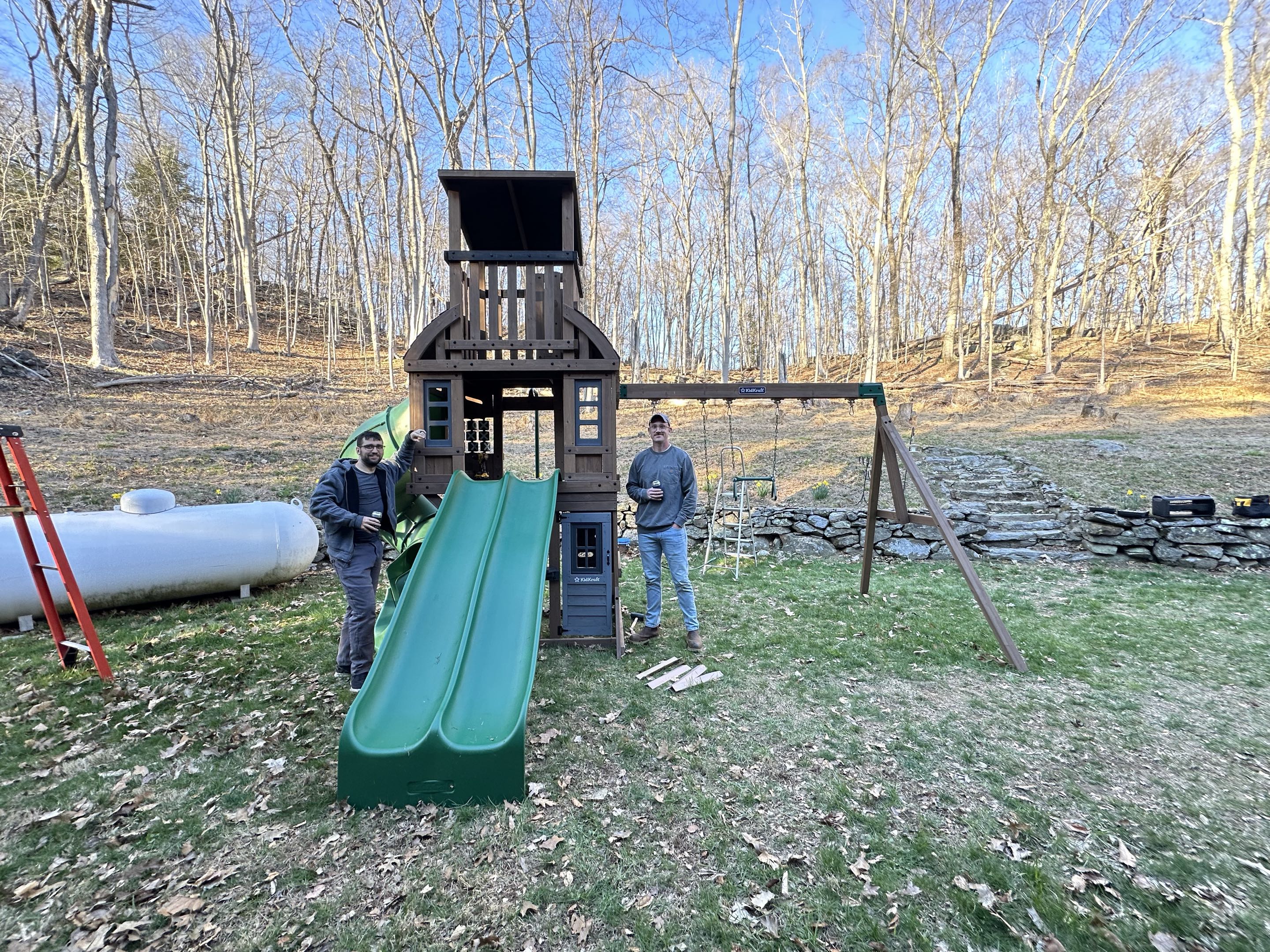 Coyle and Kallivrousis standing proudly next to the first and only CK Construction playset build